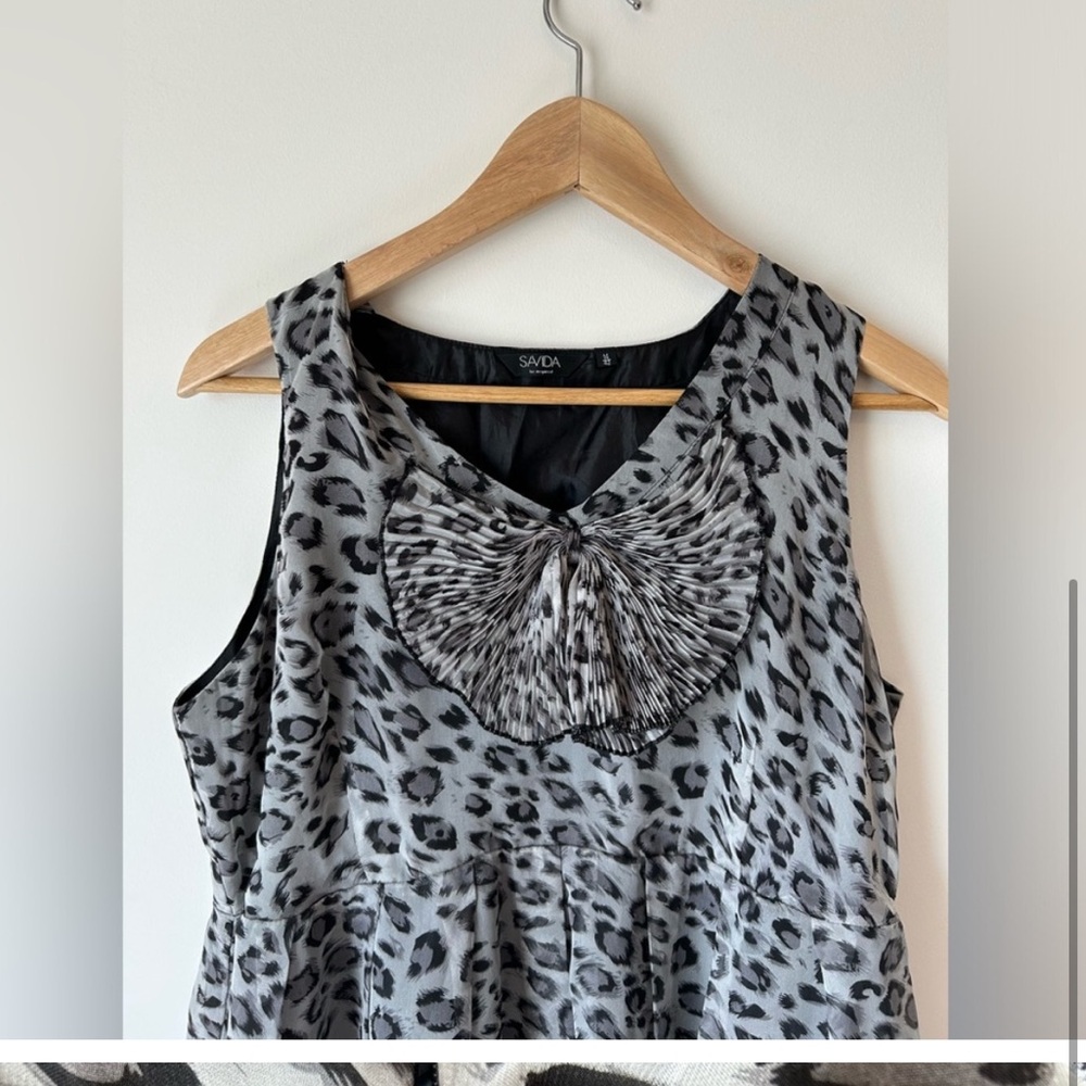 Savida Leopard Print Shift Dress-Accordion Crepe Tie@Neck-detail-Pockets-Sz 14 🩶 - Picture 6 of 9